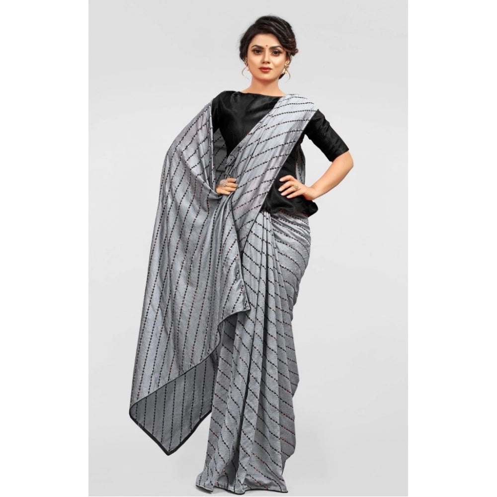 Amfyn Women's Vichitra Saree with Blouse (Grey, 5-6 Mtrs)