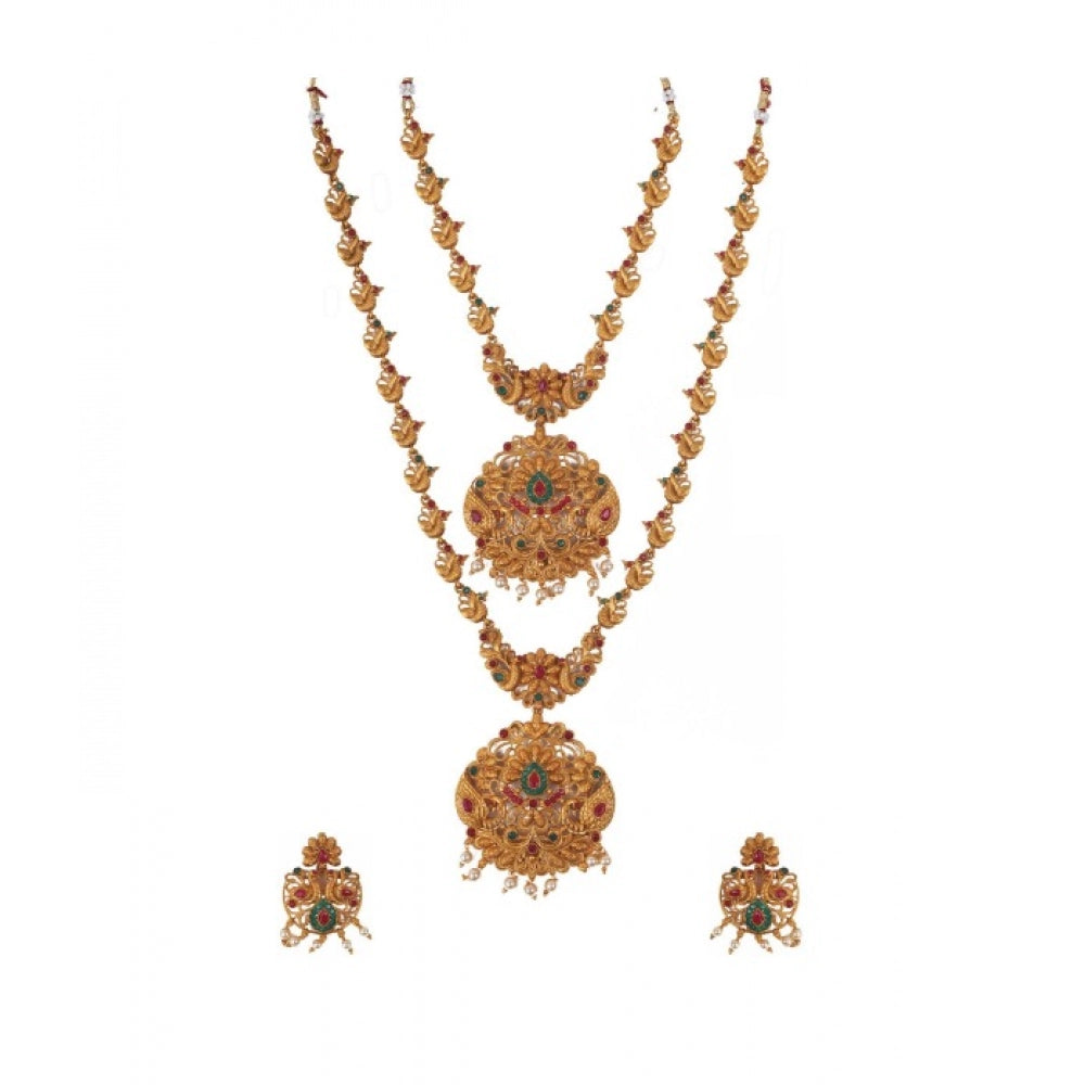 Fashion Women's Elegent And Modern Double Line Temple Jewellery Set (Red And Green, Free Size)