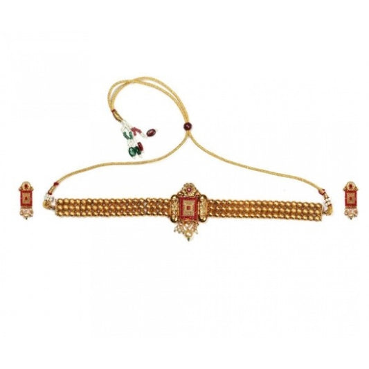 Fashion Women's Elegent And Modern Gold Plated Chowker Set (Red, Free Size)