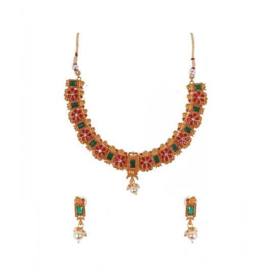 Fashion Women's Elegent Brass Chain Necklace Set (Red And Green, Free Size)
