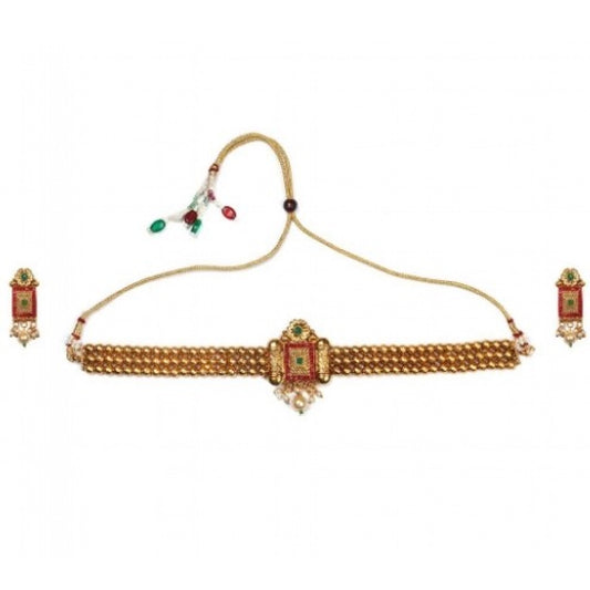 Fashion Women's Elegent And Modern Gold Plated Chowker Set (Red And Green, Free Size)