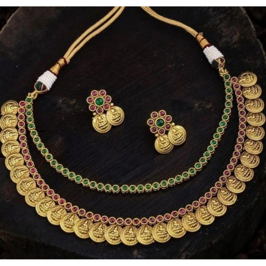 Fashion Women's Ethnic Double Line Laxmi Coin Jewellery Set (Red And Green, Free Size)