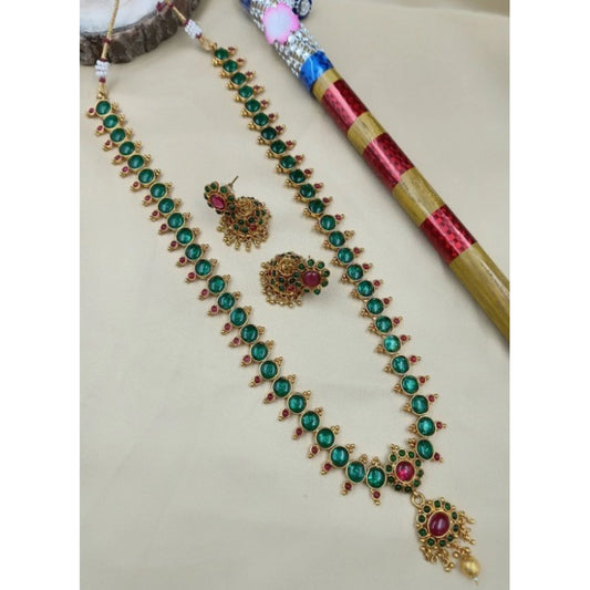 Fashion Women's Classic Copper Kempu Haram Jewellery Set (Green, Free Size)