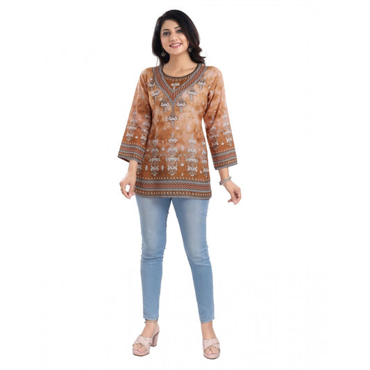 Amfyn Women's 3/4th Sleeve Faux Crepe Tunic Short Top (Light Brown)