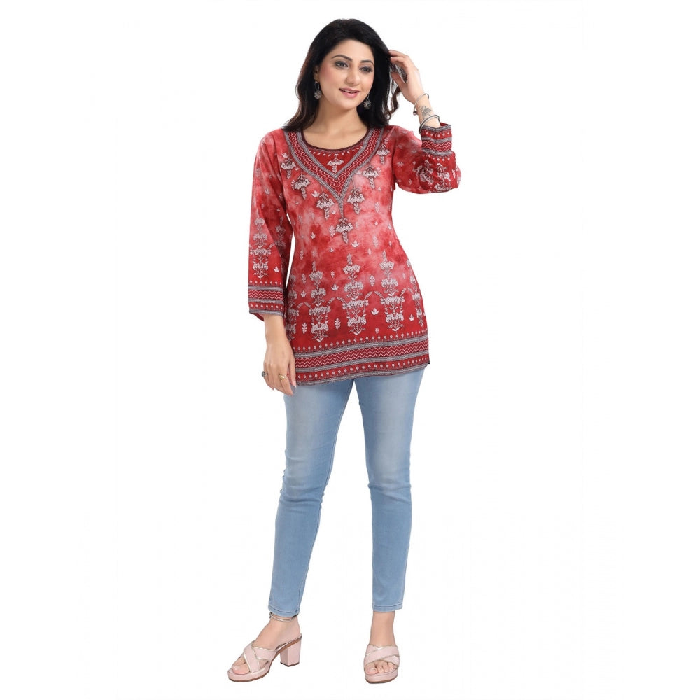 Amfyn Women's 3/4th Sleeve Faux Crepe Tunic Short Top (Red)