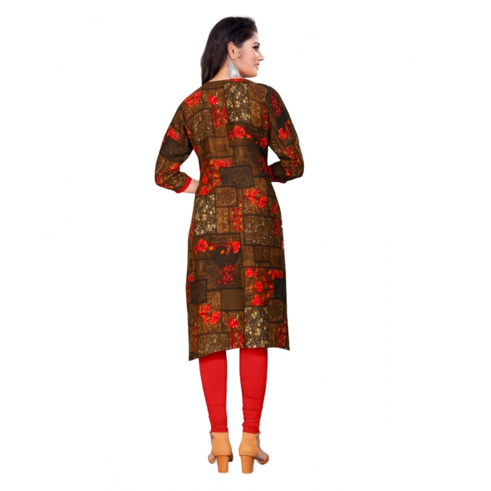 Amfyn Women's Rayon Foil Printed Straight Kurti (Brown)