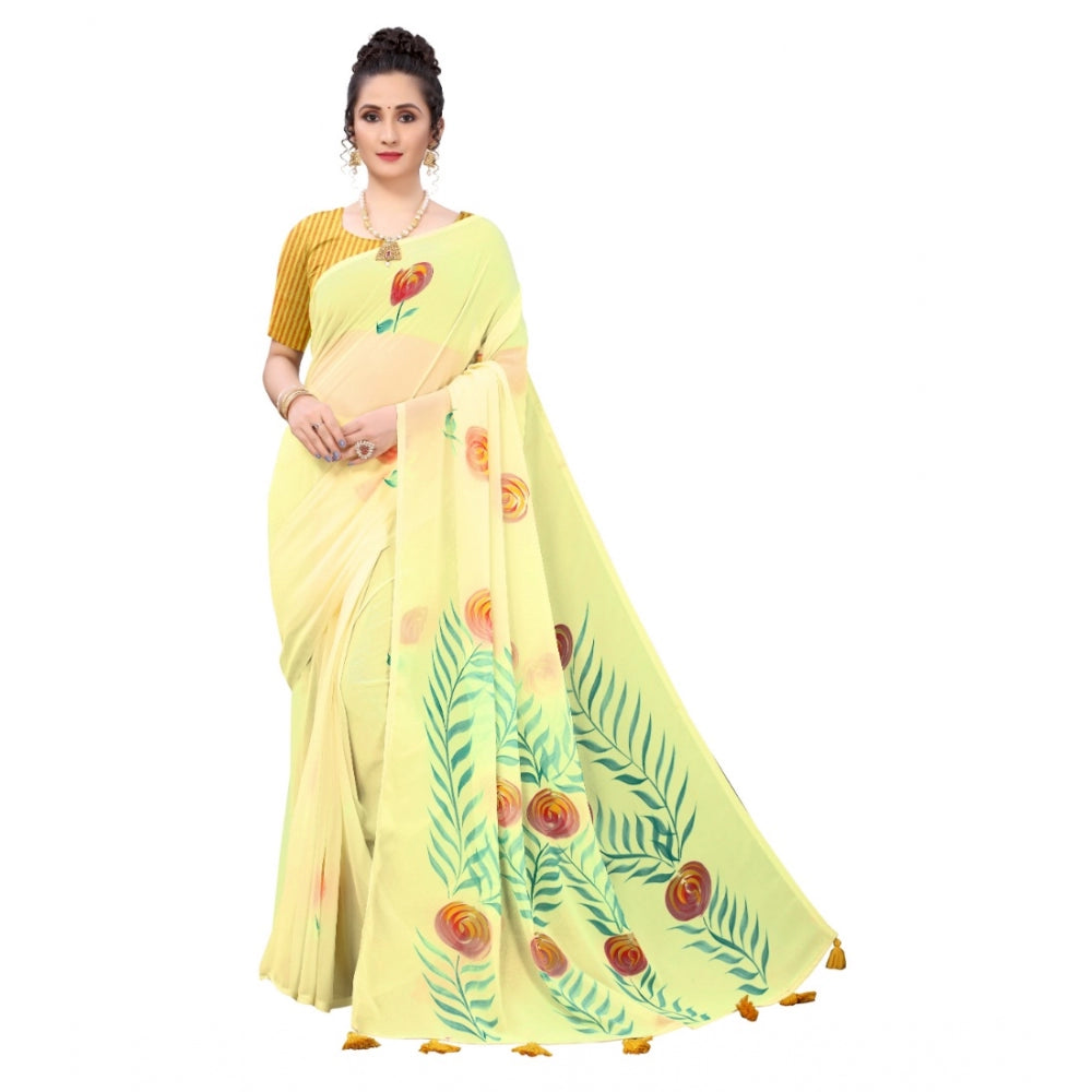 Amfyn Women's Georgette Floral Hand Printed Sarees (Yellow, 5-6 Mtrs)