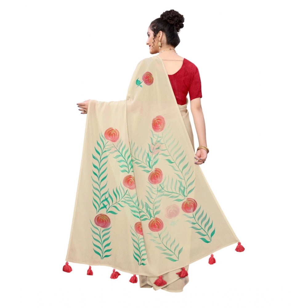 Amfyn Women's Georgette Floral Hand Printed Sarees (Beige, 5-6 Mtrs)
