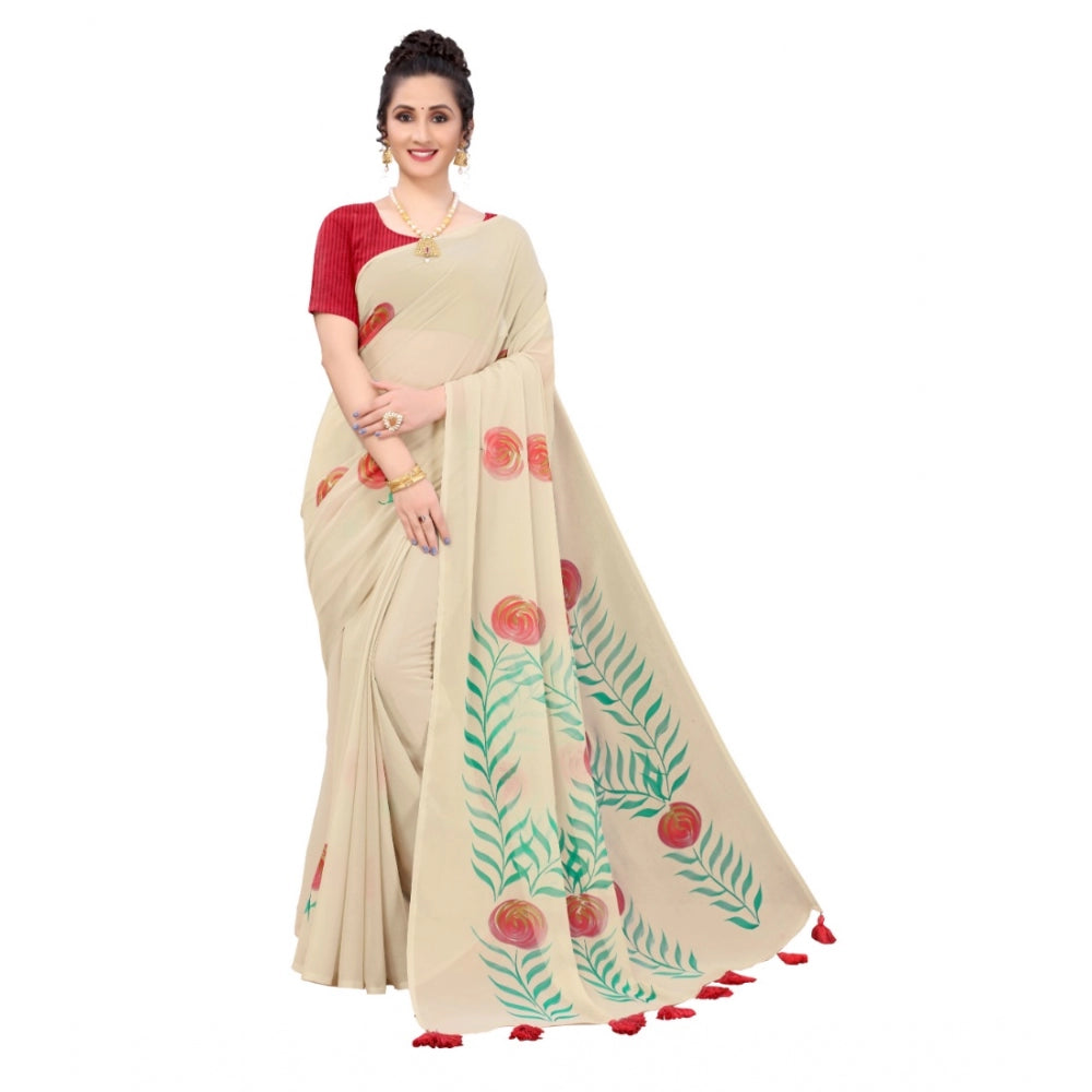 Amfyn Women's Georgette Floral Hand Printed Sarees (Beige, 5-6 Mtrs)