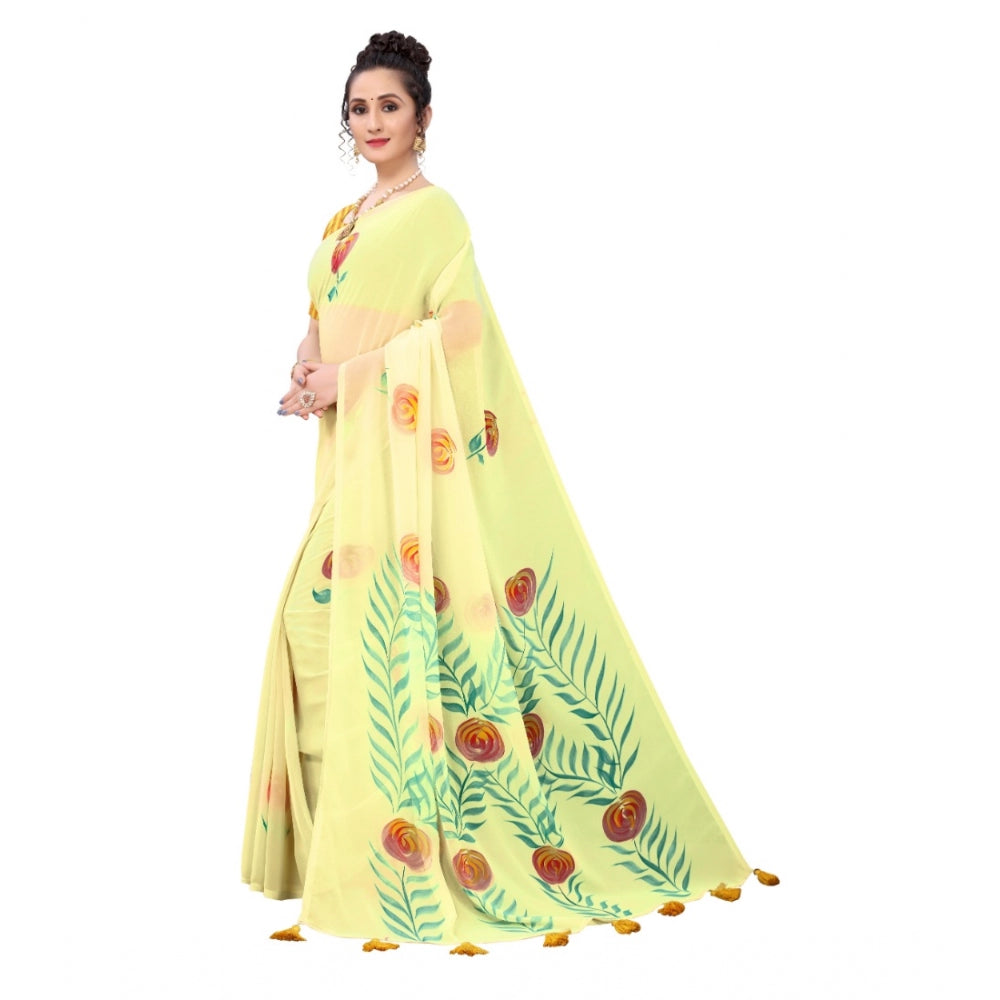 Amfyn Women's Georgette Floral Hand Printed Sarees (Yellow, 5-6 Mtrs)