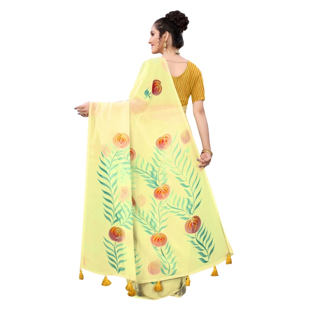 Amfyn Women's Georgette Floral Hand Printed Sarees (Yellow, 5-6 Mtrs)