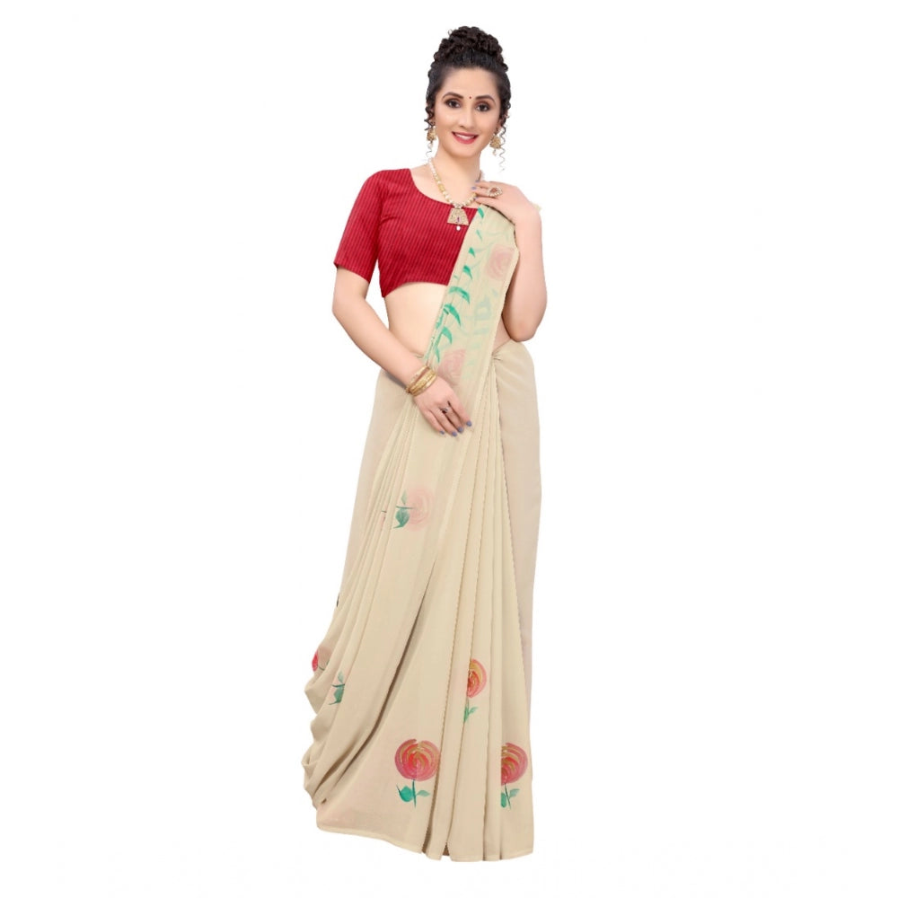 Amfyn Women's Georgette Floral Hand Printed Sarees (Beige, 5-6 Mtrs)
