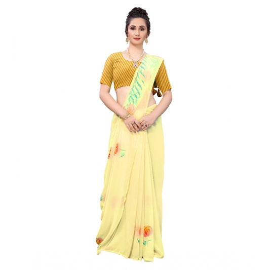 Amfyn Women's Georgette Floral Hand Printed Sarees (Yellow, 5-6 Mtrs)