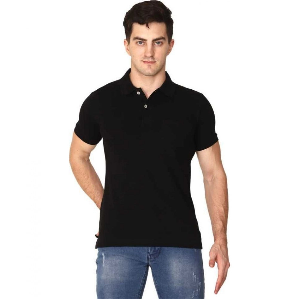 Amfyn Men's Half Sleeve Polo Collar Cotton T Shirt (Black)