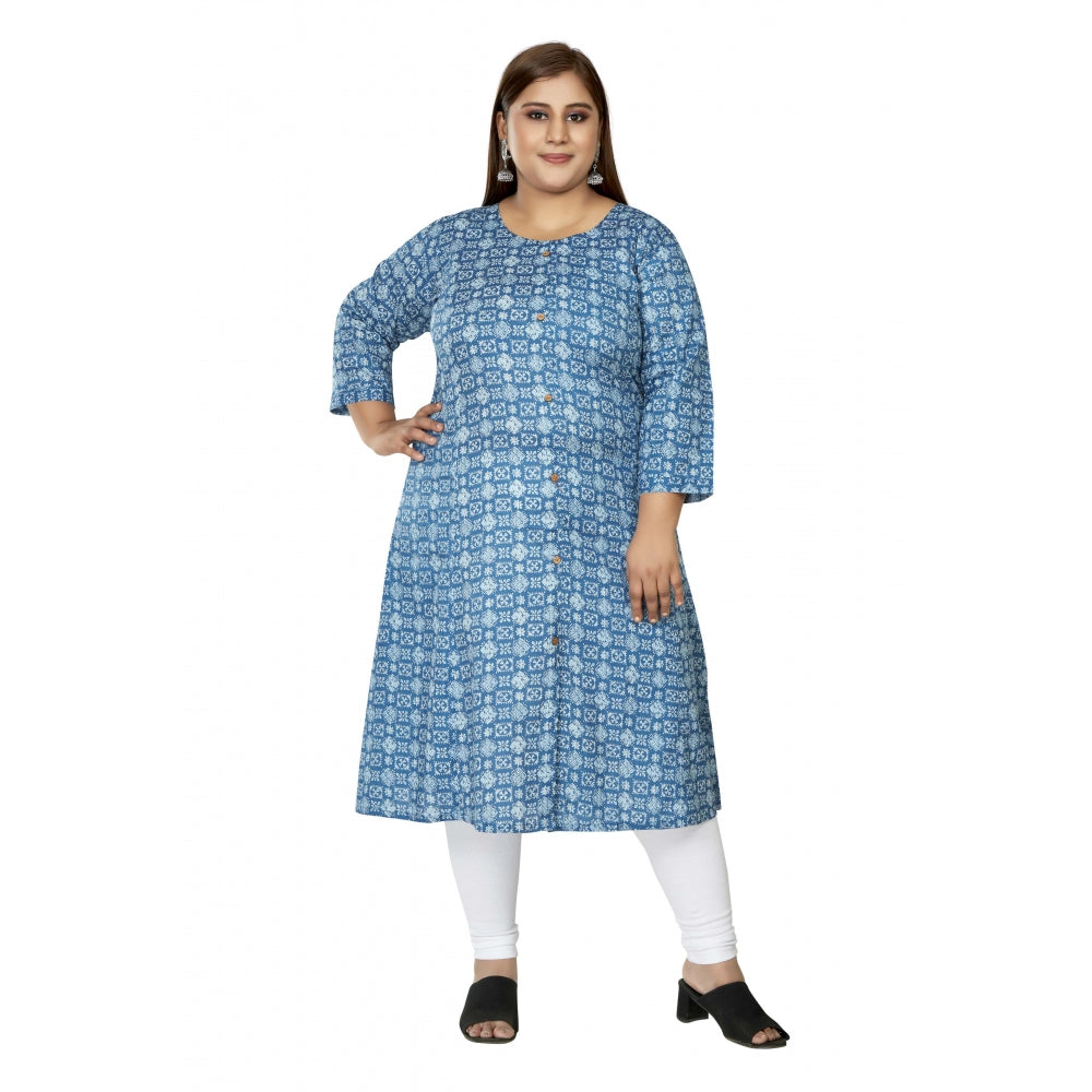 Amfyn Women's Casual 3/4th Sleeve Regular Printed Pure Cotton Prince Cut A-Line Kurti (Blue)