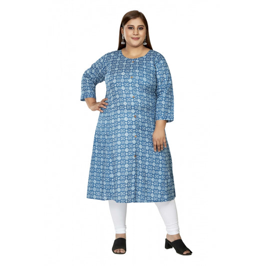 Amfyn Women's Casual 3/4th Sleeve Regular Printed Pure Cotton Prince Cut A-Line Kurti (Blue)