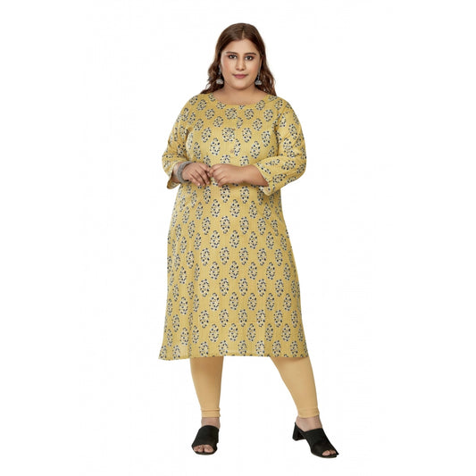 Amfyn Women's Casual 3/4th Sleeve Golden Foil Printed Pure Cotton Straight Kurti (Light Yellow)