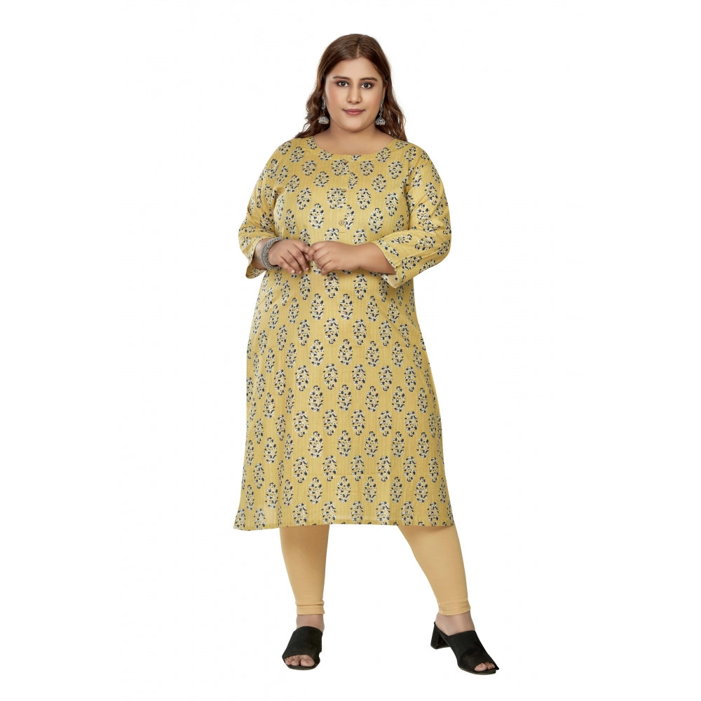Amfyn Women's Casual 3/4th Sleeve Golden Foil Printed Pure Cotton Straight Kurti (Light Yellow)