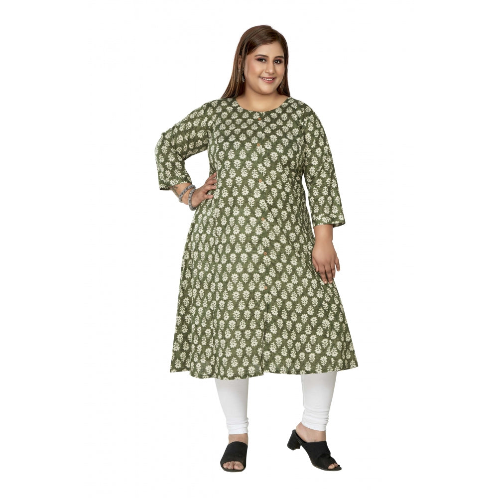 Amfyn Women's Casual 3/4th Sleeve Printed Pure Cotton Prince Cut A-Line Kurti (Green)