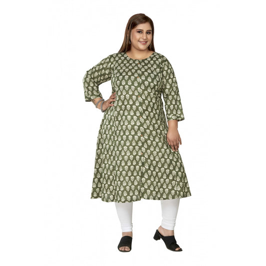 Amfyn Women's Casual 3/4th Sleeve Printed Pure Cotton Prince Cut A-Line Kurti (Green)