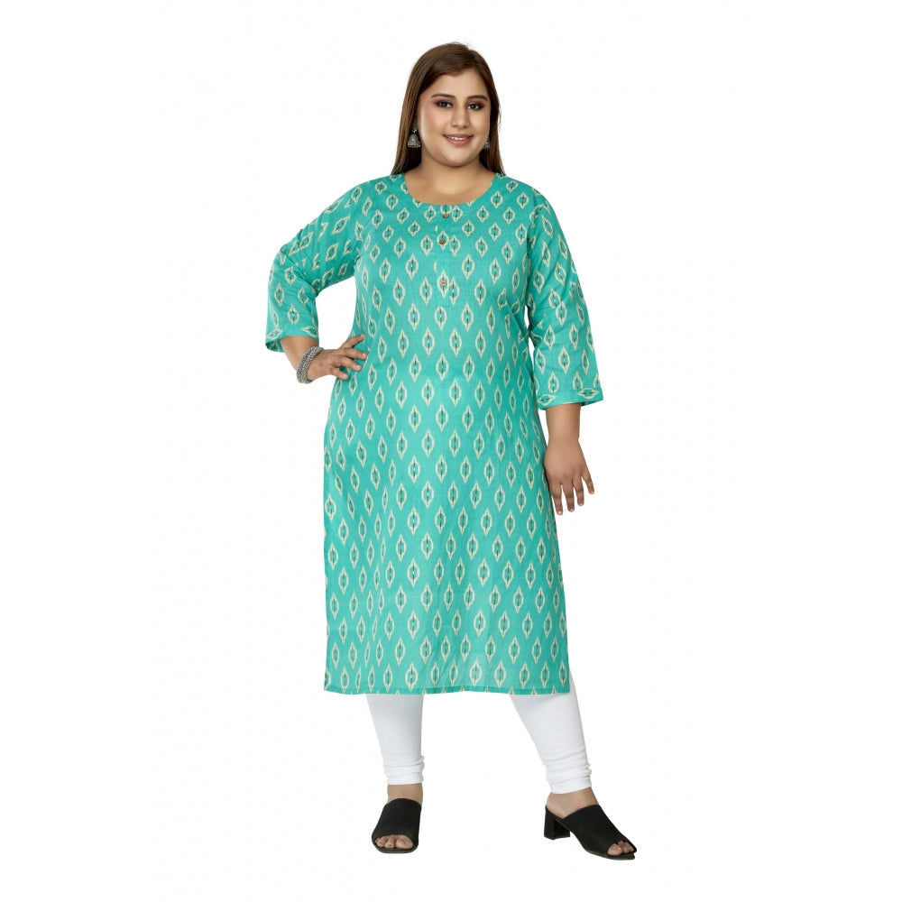 Amfyn Women's Casual 3/4th Sleeve Ikkat Printed Pure Cotton Straight Kurti (Turquoise)