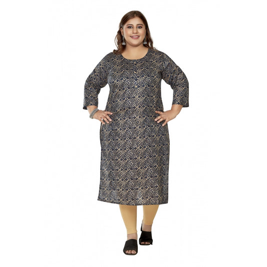 Amfyn Women's Casual 3/4th Sleeve Golden Foil Printed Capsule Cotton Straight Kurti (Navy Blue)