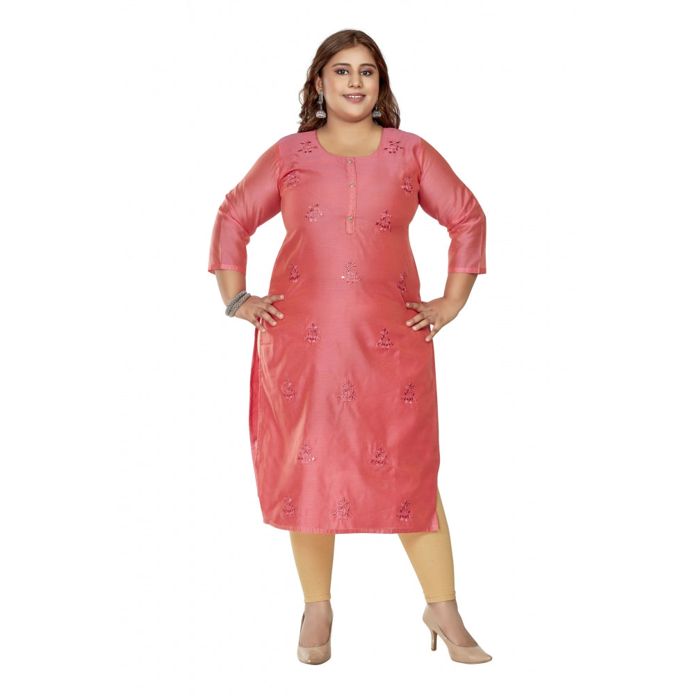 Amfyn Women's Casual 3/4th Sleeve Mirror Embroidered Rayon Straight Kurti (Pink)