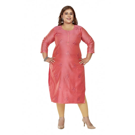Amfyn Women's Casual 3/4th Sleeve Mirror Embroidered Rayon Straight Kurti (Pink)