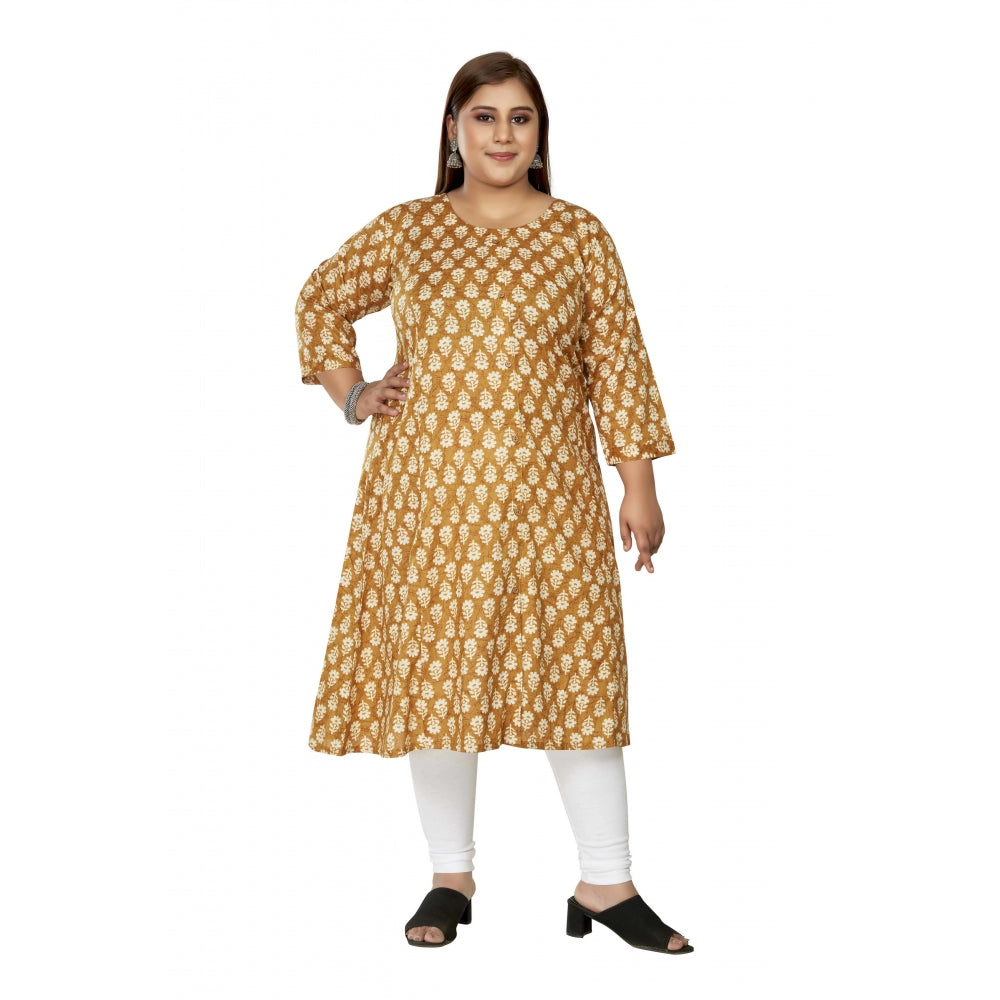 Amfyn Women's Casual 3/4th Sleeve Printed Pure Cotton Prince Cut A-Line Kurti (Mustard)