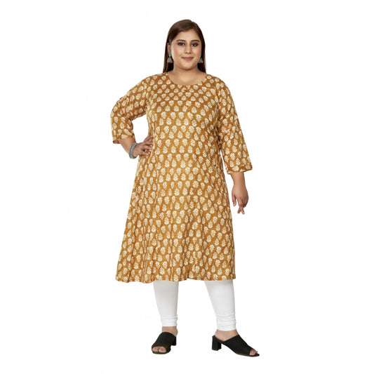 Amfyn Women's Casual 3/4th Sleeve Printed Pure Cotton Prince Cut A-Line Kurti (Mustard)