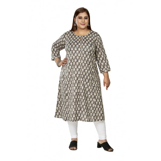 Amfyn Women's Casual 3/4th Sleeve Printed Pure Cotton Prince Cut A-Line Kurti (Grey)