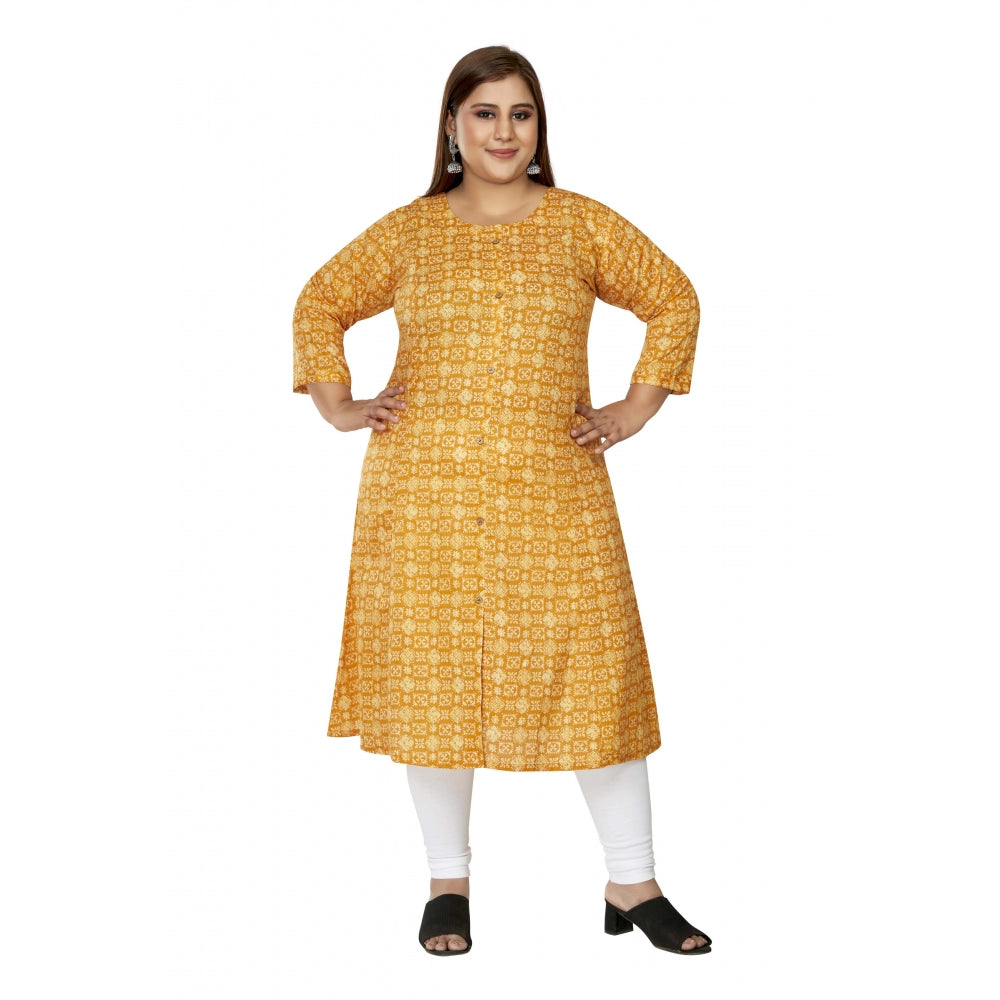 Amfyn Women's Casual 3/4th Sleeve Regular Printed Pure Cotton Prince Cut A-Line Kurti (Yellow)