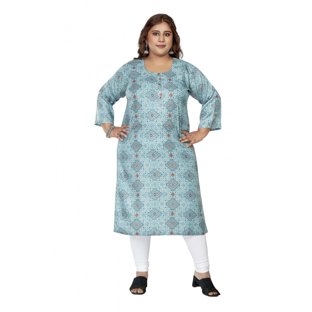 Amfyn Women's Casual 3/4th Sleeve Golden Foil Printed Rayon Straight Kurti (Blue)