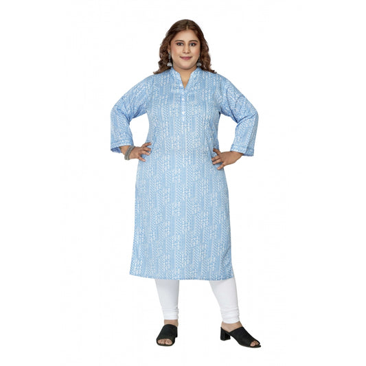 Amfyn Women's Casual 3/4th Sleeve Full printed Imported Synthetic Straight Kurti (Blue)