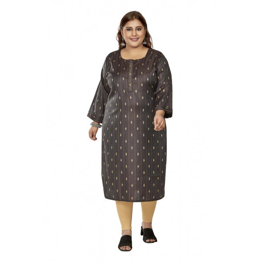 Amfyn Women's Casual 3/4th Sleeve Golden Embroidered Cotton Mix Straight Kurti (Dark Grey)