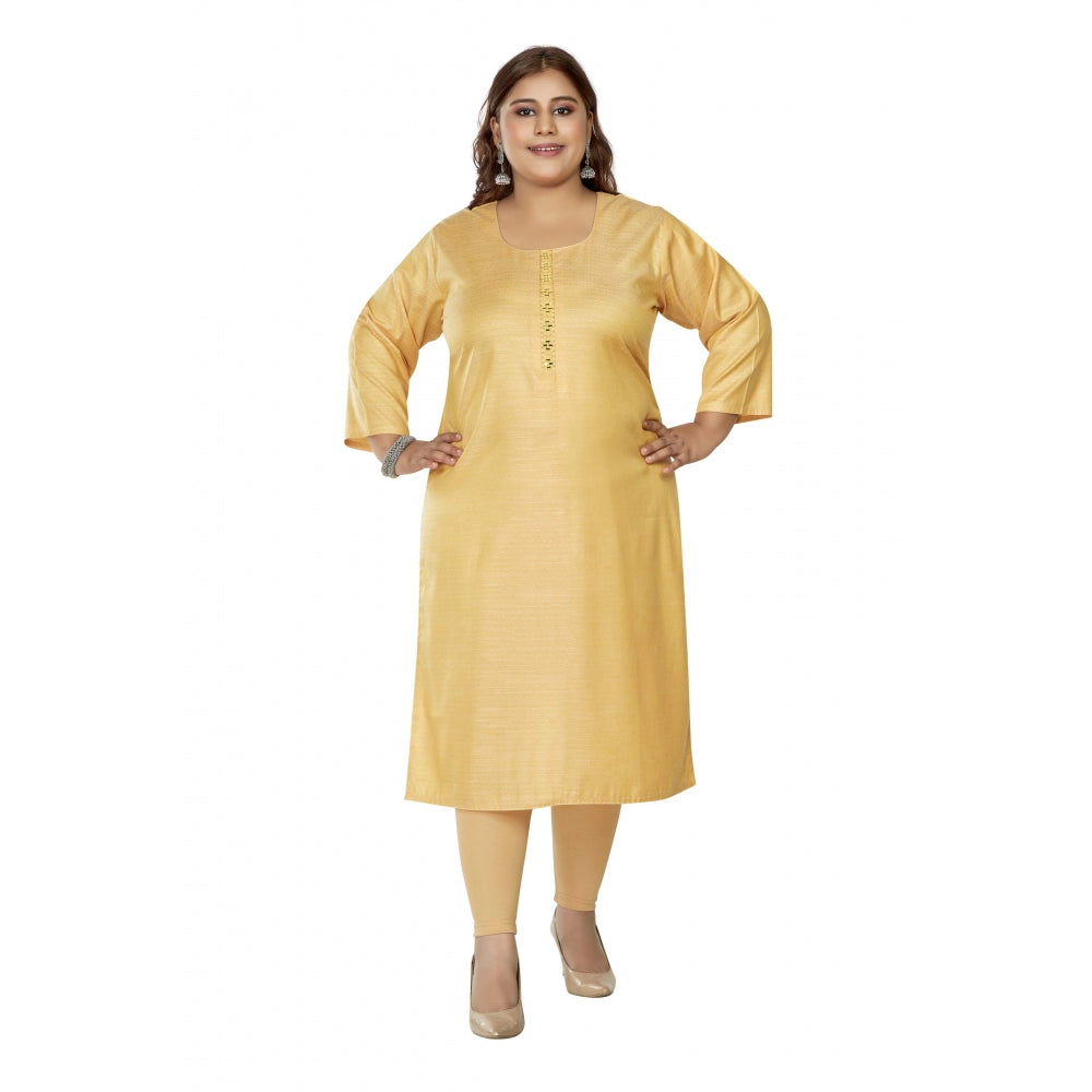 Amfyn Women's Casual 3/4th Sleeve Mirror Embroidered Rayon Straight Kurti (Tan)