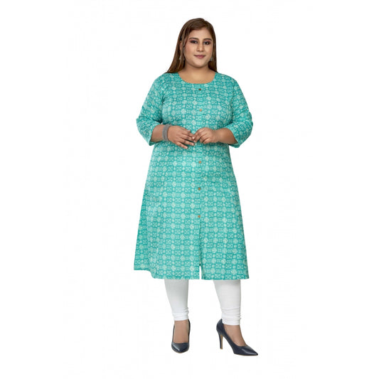 Amfyn Women's Casual 3/4th Sleeve Regular Printed Pure Cotton Prince Cut A-Line Kurti (Turquoise)
