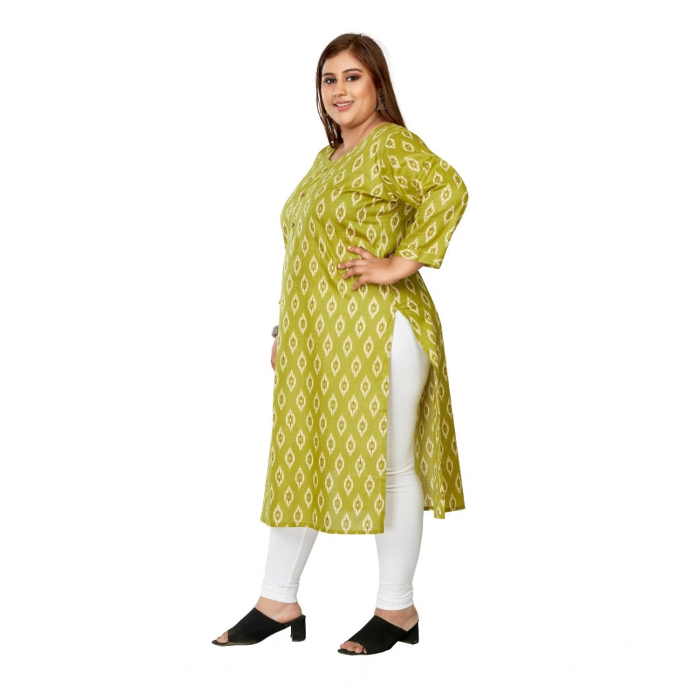 Amfyn Women's Casual 3/4th Sleeve Ikkat Printed Pure Cotton Straight Kurti (Pista Green)