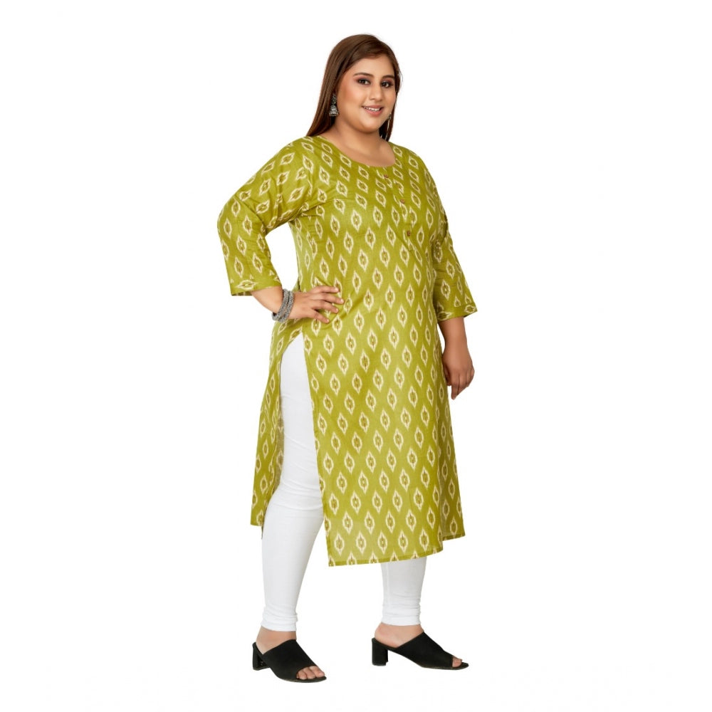 Amfyn Women's Casual 3/4th Sleeve Ikkat Printed Pure Cotton Straight Kurti (Pista Green)