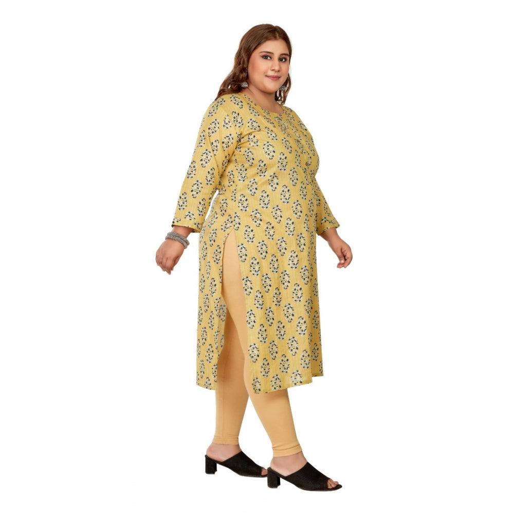 Amfyn Women's Casual 3/4th Sleeve Golden Foil Printed Pure Cotton Straight Kurti (Light Yellow)