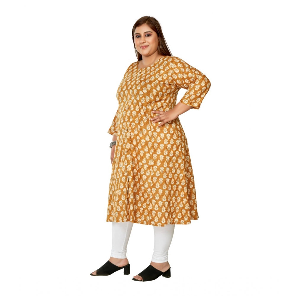 Amfyn Women's Casual 3/4th Sleeve Printed Pure Cotton Prince Cut A-Line Kurti (Mustard)