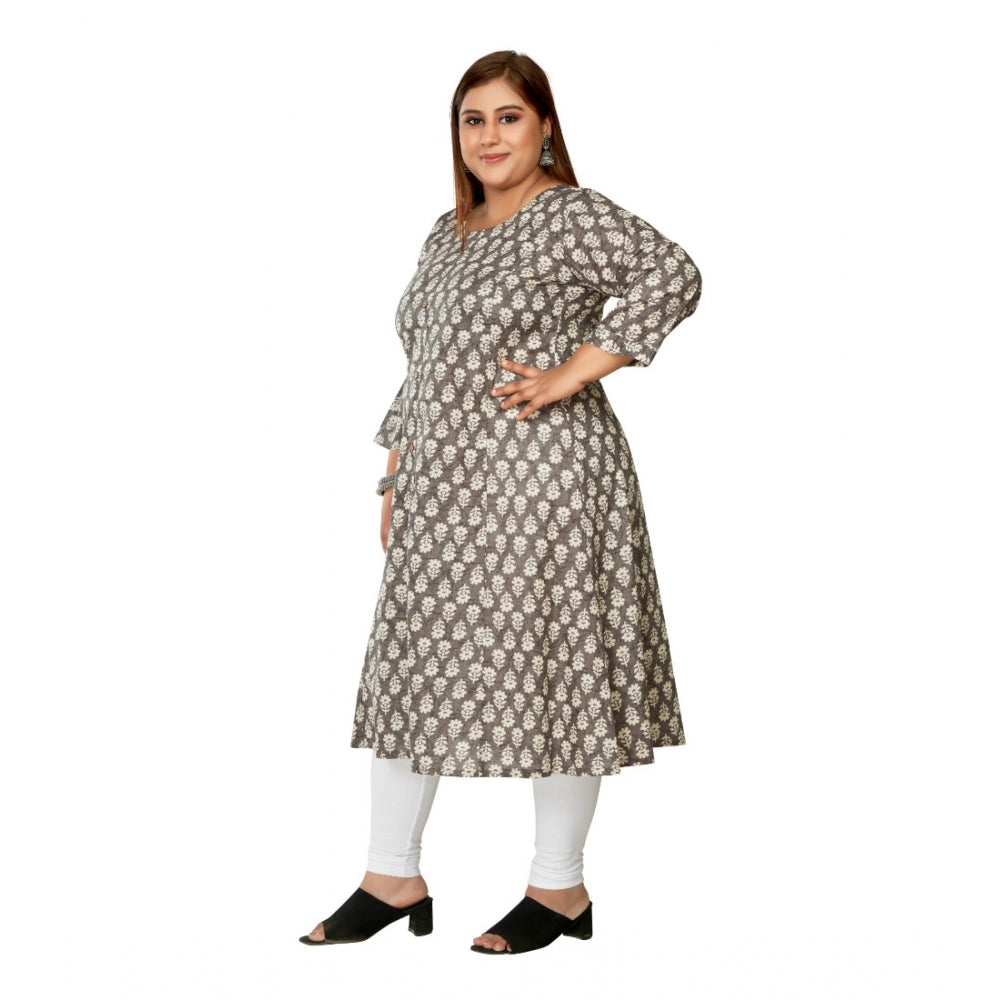 Amfyn Women's Casual 3/4th Sleeve Printed Pure Cotton Prince Cut A-Line Kurti (Grey)