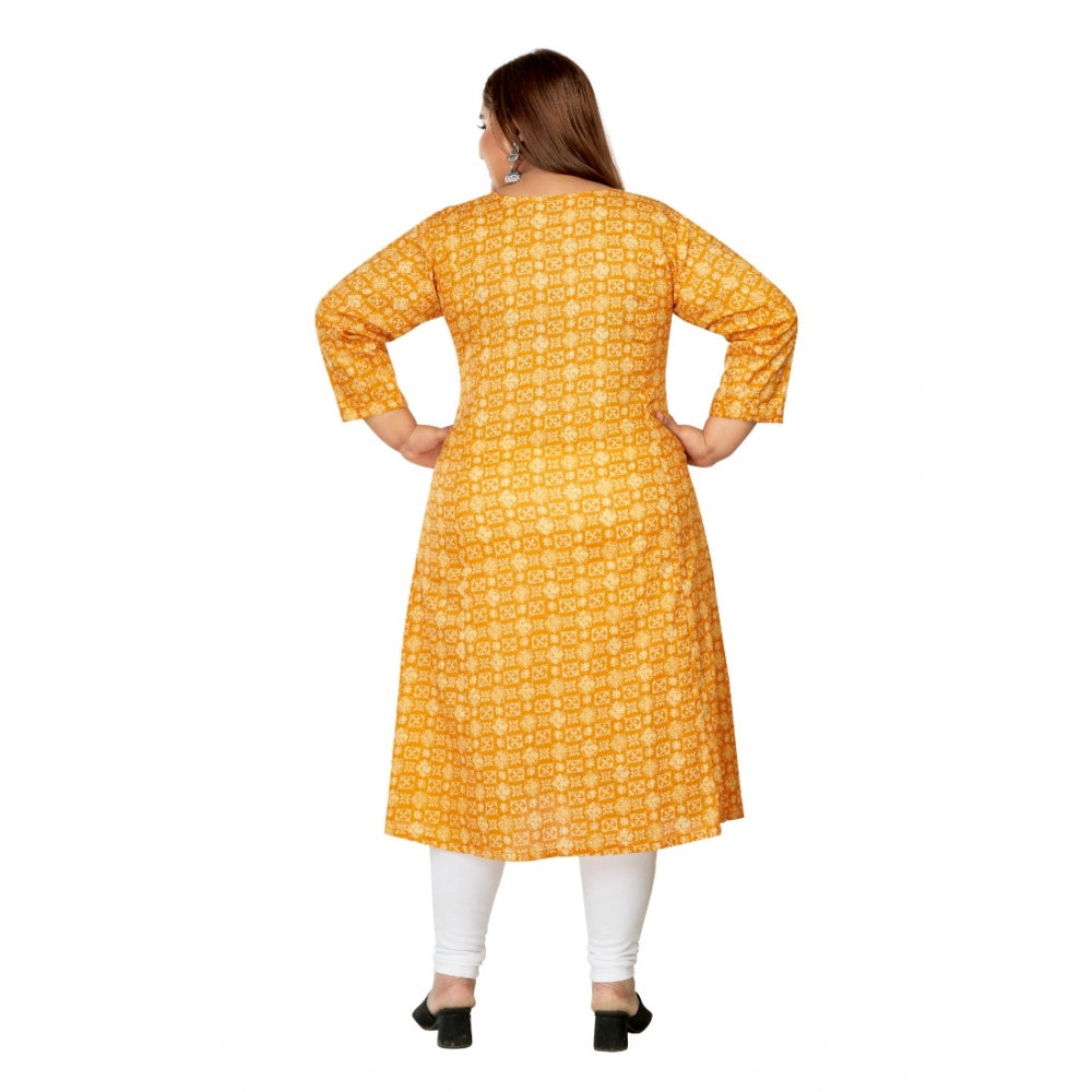 Amfyn Women's Casual 3/4th Sleeve Regular Printed Pure Cotton Prince Cut A-Line Kurti (Yellow)