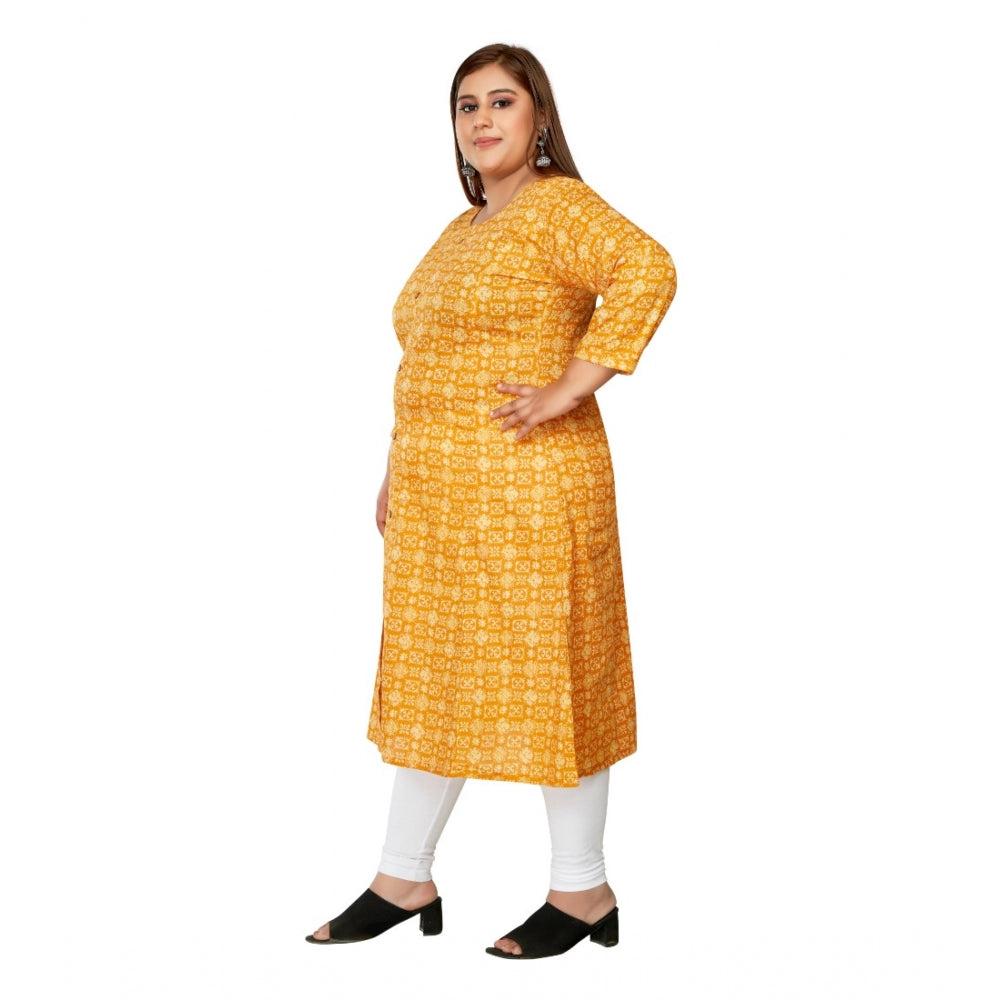 Amfyn Women's Casual 3/4th Sleeve Regular Printed Pure Cotton Prince Cut A-Line Kurti (Yellow)
