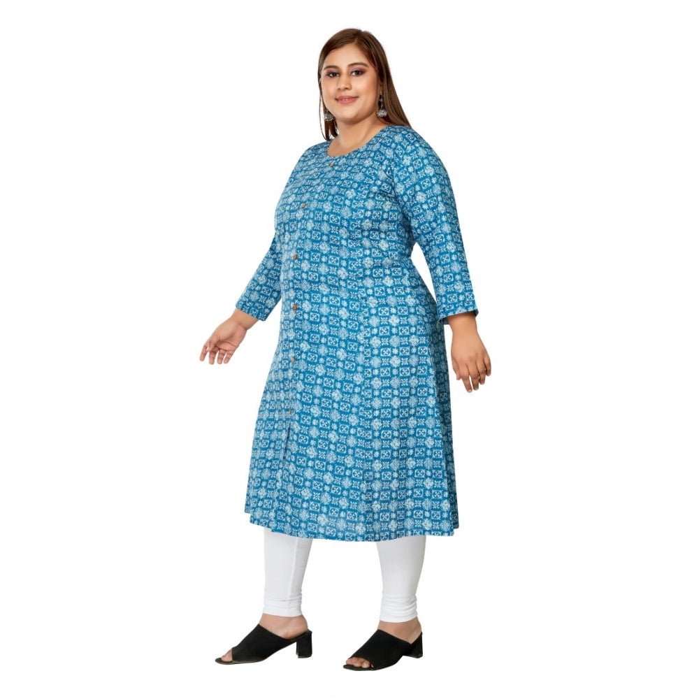 Amfyn Women's Casual 3/4th Sleeve Regular Printed Pure Cotton Prince Cut A-Line Kurti (Blue)