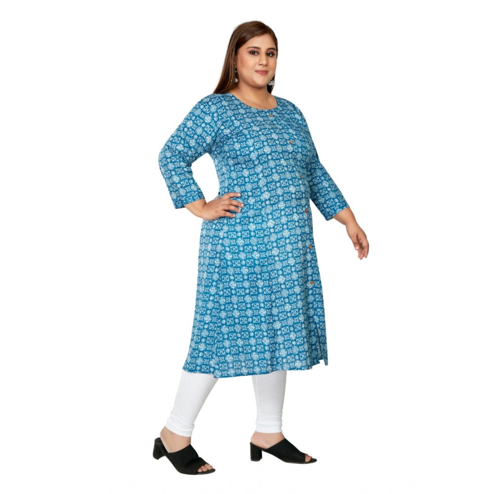 Amfyn Women's Casual 3/4th Sleeve Regular Printed Pure Cotton Prince Cut A-Line Kurti (Blue)