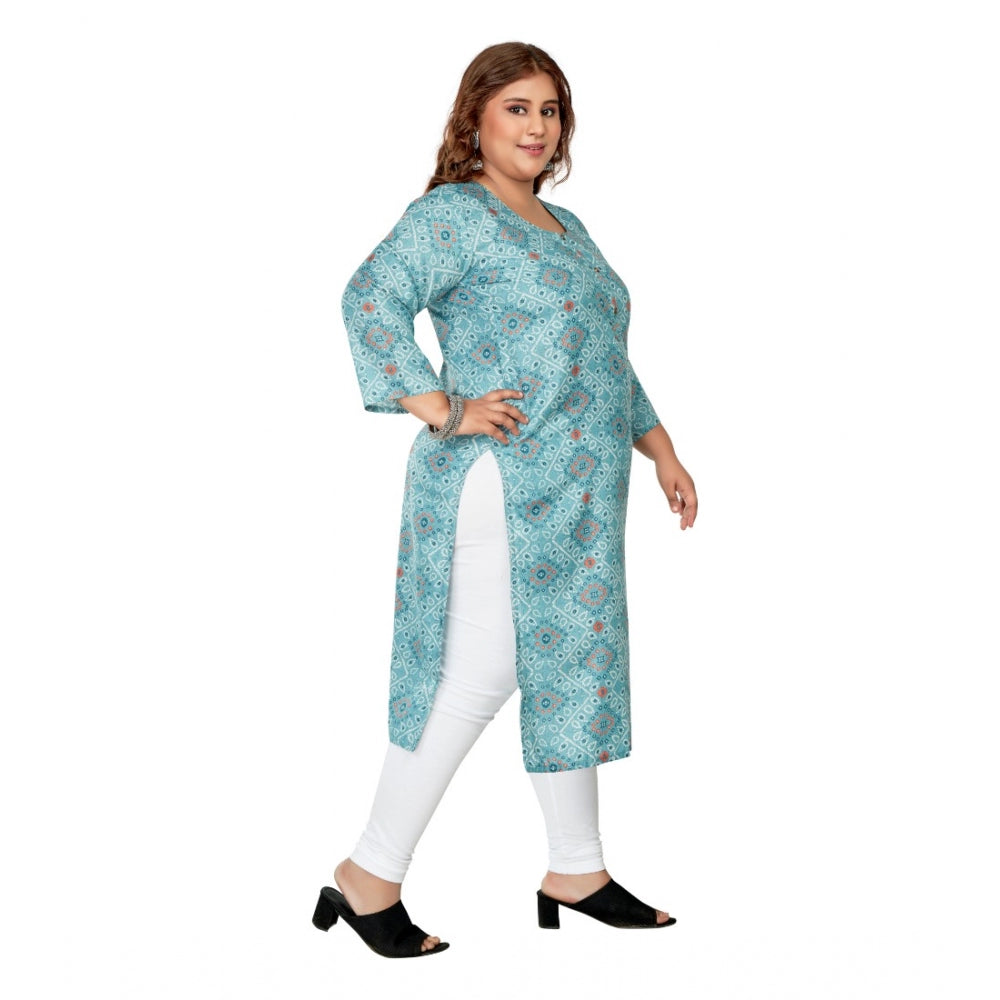 Amfyn Women's Casual 3/4th Sleeve Golden Foil Printed Rayon Straight Kurti (Blue)