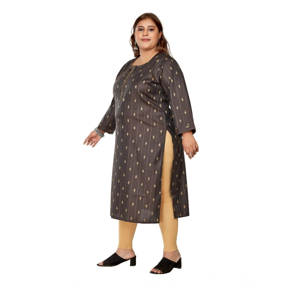Amfyn Women's Casual 3/4th Sleeve Golden Embroidered Cotton Mix Straight Kurti (Dark Grey)