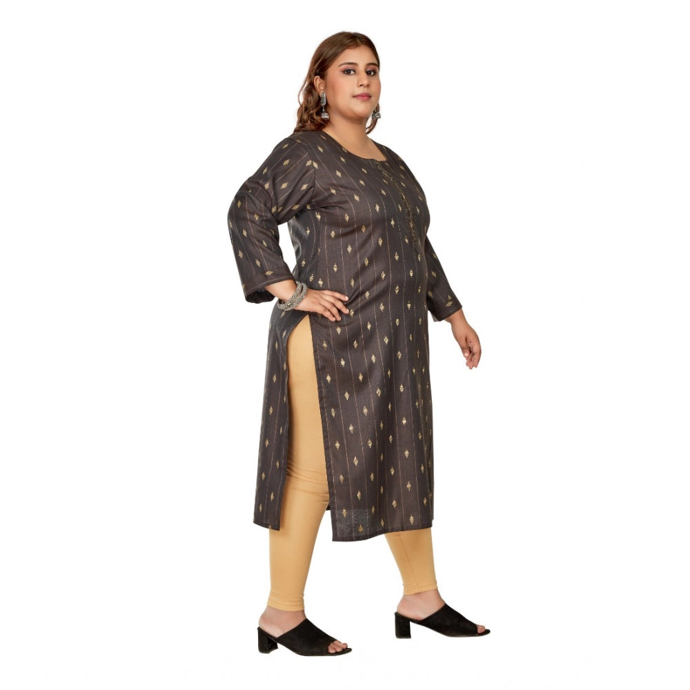 Amfyn Women's Casual 3/4th Sleeve Golden Embroidered Cotton Mix Straight Kurti (Dark Grey)