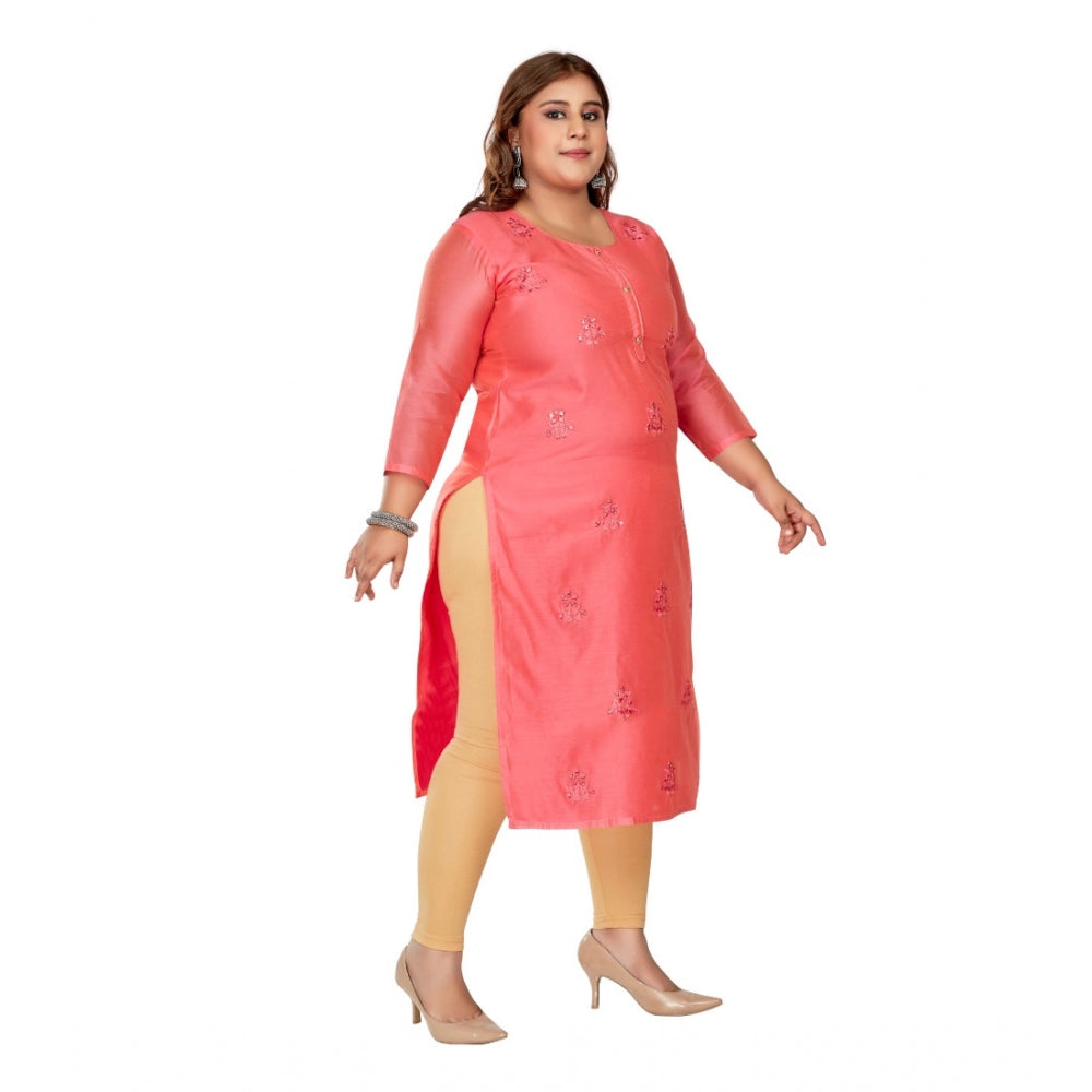 Amfyn Women's Casual 3/4th Sleeve Mirror Embroidered Rayon Straight Kurti (Pink)